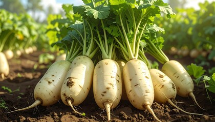 Freshly Harvested Daikon Radishes in Garden Soil with Green Leafy Tops