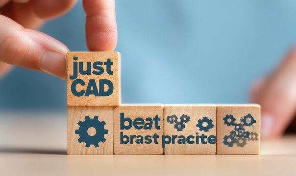 Hand placing wooden block with "Just CAD" text, with other blocks displaying "beat," "brast practice," and gears