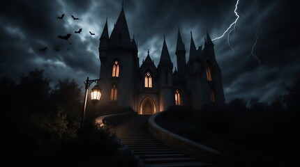 eerie castle silhouette bathed in moonlight under a dramatic stormy night sky | halloween, fantasy, horror, gothic, mystery theme