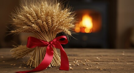 Rustic Autumn Scene with a Sheaf of Wheat by a Cozy Fireplace