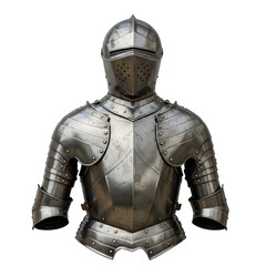Full medieval suit of armor with helmet, isolated on white background, detailed knight protective gear for battle or historical display