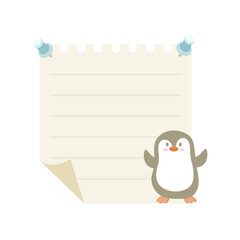 Adorable cartoon penguin character presenting a blank lined sticky note for messages, reminders, or lists