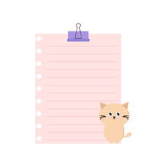 Cute Cat Sticky Note Pink Lined Paper with Kitten Character for Memos
