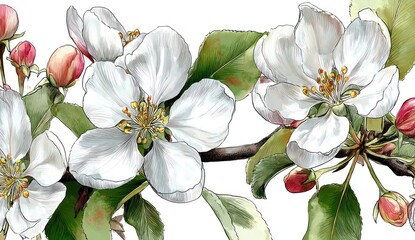 Detailed illustration of blossoms and leaves of an  tree branch, showcasing delicate white flowers and vibrant green foliage, set against a stark white background.