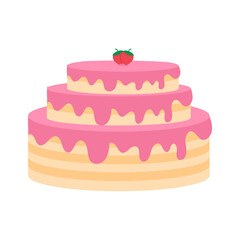 Delicious Three-Tiered Birthday Cake with Pink Frosting and Strawberry Decoration Celebrate!