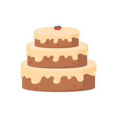 Vector illustration of a delicious multi-layered chocolate cake with sweet icing, decorated with a single strawberry for a special occasion
