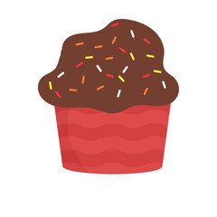 A delightful cartoon illustration of a sweet chocolate cupcake with colorful sprinkles, perfect for any celebration or a delicious little cake treat