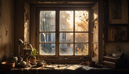 Sunlight streams through a weathered window in a dilapidated interior, illuminating aged objects and decaying walls.