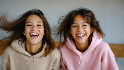 Joyful expressions: siblings laughing and hair swinging in slow motion