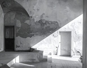 Architectural Monochrome: Light and Shadow Play in a Decayed Interior Space