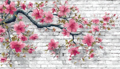 Delicate pink blossoms cascade over a weathered white brick wall, painting a serene and romantic scene.