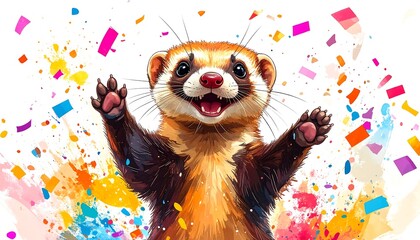 A jubilant ferret, with outstretched paw, amidst a vibrant explosion of colorful confetti and paint splashes, exudes joy and celebration.