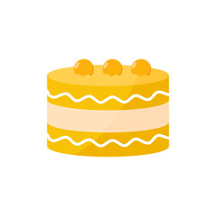 Delicious layered yellow cake, decorated with three orange spheres, perfect for celebrations and sweet moments