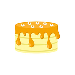 Illustrated sweet yellow layer cake with a dripping orange caramel glaze and small flower decorations isolated on a white background