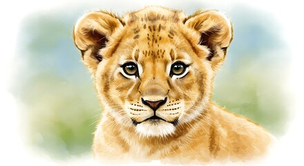 Obraz premium Adorable lion cub portrait wildlife illustration with golden colors