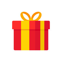 Vibrant birthday box illustration in festive red and yellow stripes, tied with a bright orange bow, perfect for celebrations and gift-giving occasions