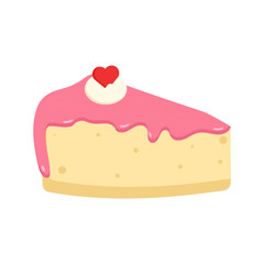 A delightful and vibrant slice of sweet dessert cake, topped with smooth pink icing and a charming red heart, perfect for celebrations and special moments