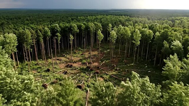 Aerial View of Deforestation and Forest Destruction, Environmental Impact of Logging, Climate Change and Nature Loss.
