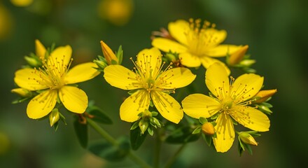 Close up of vibrant yellow flowers in bloom against a blurred background