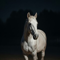 Elegant White Horse in Dark Setting.