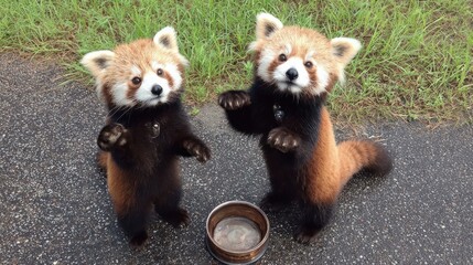 Obraz premium Two red pandas standing upright, paws raised, in front of a small bowl. They are looking directly at the viewer. A grassy area is behind them