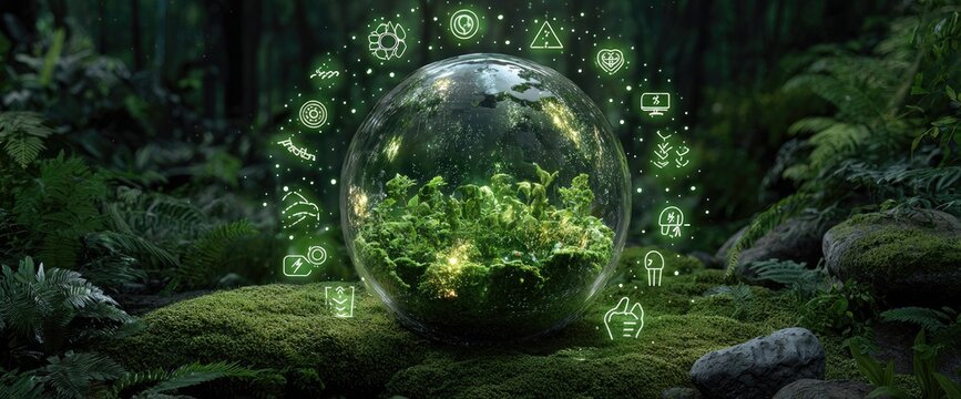 A crystal sphere, filled with a small green plant, sits on mossy ground in a dark forest.  Surrounding the sphere,  glowing green icons float