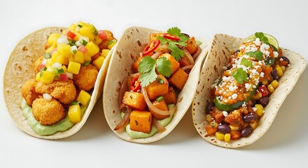 Delicious tacos with assorted fillings on white surface