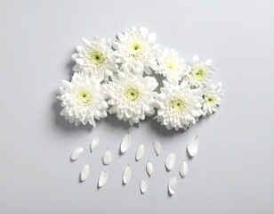 Floral Cloud Concept: White Chrysanthemums and Petals Arranged on a Grey Background