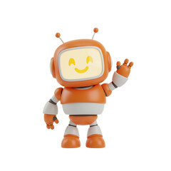 3d illustration of cheerful orange robot waving hand isolated on transparent background, conveying a friendly greeting and positive interaction