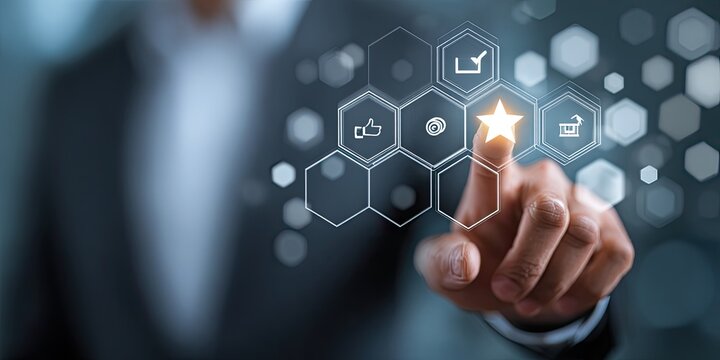 A hand interacts with a glowing, interactive interface of hexagonal shapes and icons