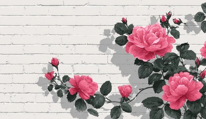 Pink roses bloom against a textured white brick wall, creating a lovely, delicate design.