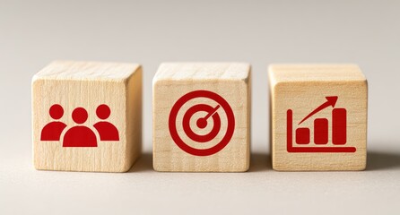 Three light brown wooden blocks, each displaying a red icon. The left block shows a group of people, the middle block a target, and the right block a bar graph with an upward arrow