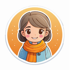 Cute cartoon girl character with a smiling face wearing a cozy scarf against a warm autumn background, capturing the essence of fall vibes and joy in a vibrant illustration