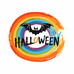 Colorful Halloween design featuring a vibrant rainbow brush stroke with a spooky bat silhouette and bold Halloween text, perfect for LGBTQ celebrations and festive decorations