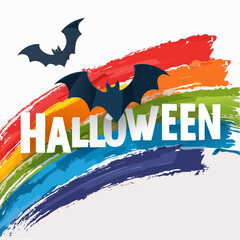 Colorful rainbow Halloween illustration for LGBTQ-themed featuring bold text and spooky bats, showcasing a vibrant brush stroke design with a festive and playful atmosphere