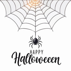 Elegant Halloween vector illustration featuring a spider hanging from a web with the text "Happy Halloween" in a beautiful calligraphy style, perfect for festive celebrations and decorations