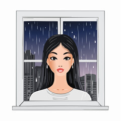 Asian woman with soulful eyes gazes through a rain-soaked window, reflecting autumn blues and feelings of sadness, capturing the essence of melancholy in a cityscape