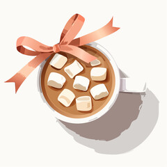 Top view of a cozy cup of hot cocoa with marshmallows and a festive Christmas bow, showcasing warmth and comfort in a delightful illustration with copy space