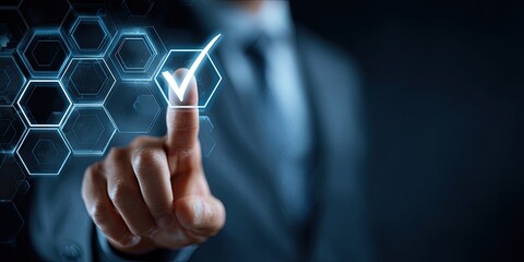 A hand touching a digital checkmark on a hexagonal interface.  Businessperson in a suit selecting an option