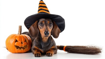 Adorable Dachshund in Witch Hat for Halloween