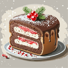 Vegan Christmas cake with rich chocolate frosting, layered with creamy filling and festive decorations, perfect for dairy and egg-free holiday celebrations with copy space