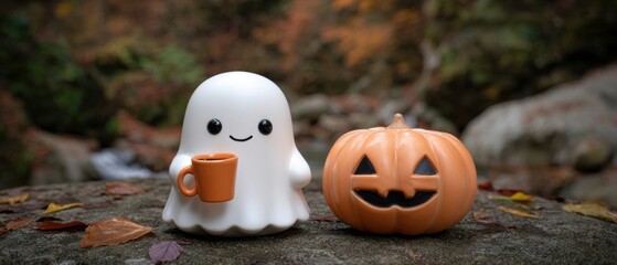 Cute Ghost and Pumpkin Enjoying Autumn Coffee Break