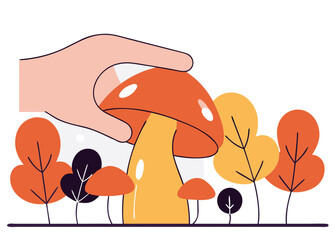 Hand picking an elegant boletus mushroom in a vibrant autumn forest filled with colorful trees, capturing the essence of the autumn harvest season and nature's bounty