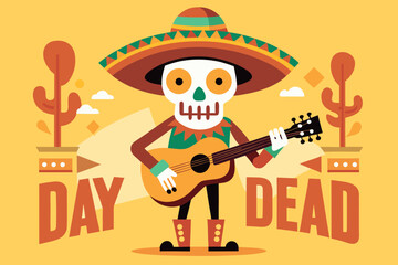 Dancing skeleton in sombrero playing guitar, vibrant colors and festive elements, celebrating Day of the Dead with joyful ambiance and cultural significance