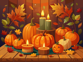 Group of vibrant pumpkins and candles arranged on an old wooden table, surrounded by autumn leaves, creating a warm and inviting seasonal atmosphere with cozy ambiance Thanksgiving celebration