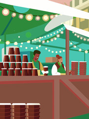 Street market stall featuring cheerful vendors serving mulled wine in festive cups, surrounded by colorful decorations and warm lighting, creating a cozy Christmas atmosphere