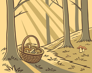 Basket full of chanterelle mushrooms rests on a forest path surrounded by trees, illuminated by soft autumn sunlight, capturing the essence of the autumn harvest season