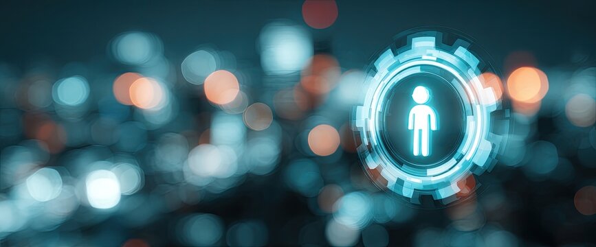 Abstract digital graphic of a person icon set against a blurred cityscape night view