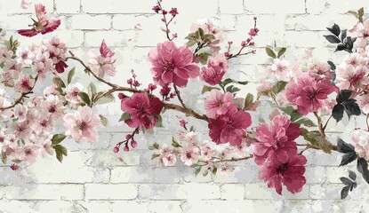 A decorative floral design, with branches of pink and mauve blossoms, set against a textured backdrop of distressed white bricks.