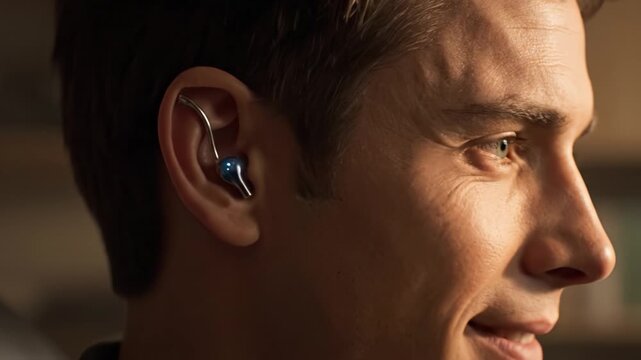 Close up of man wearing modern wireless earbud with sleek metallic blue design, showcasing ergonomic design, comfortable fit, and advanced technology in softly blurred background